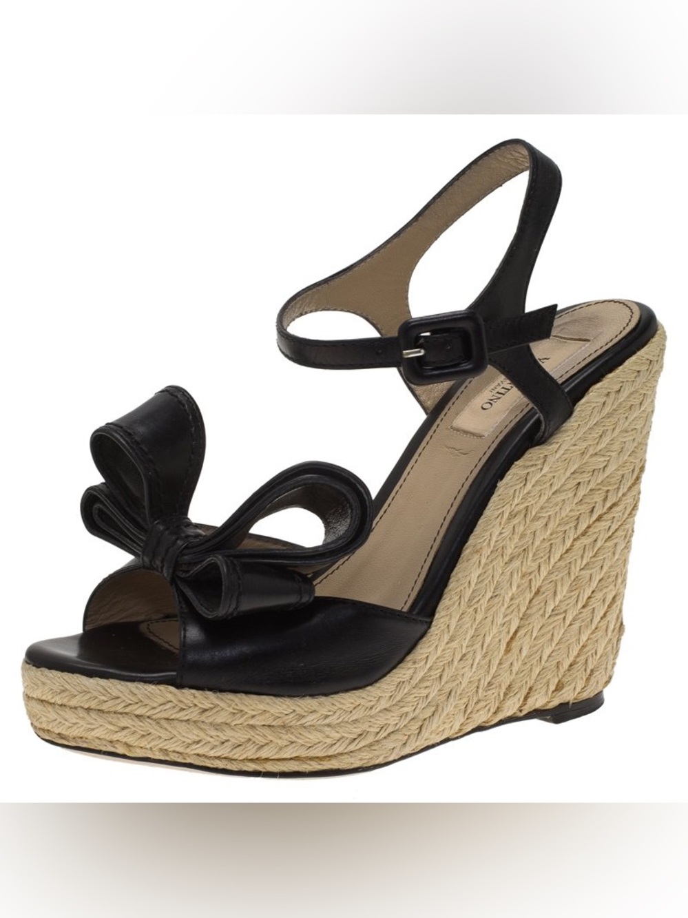 Authentic Valentino Garavani Black Leather Bow Espadrille Wedge Sandals – EU 38